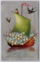 Sailboat Lily of The Valley Flowers Swallow Birds Congratulations Postcard F31 - £3.91 GBP