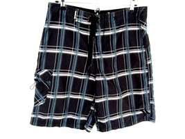 HURLEY Men Board Shorts swim trunks sz 32 plaid black teal gray white EUC - £21.46 GBP