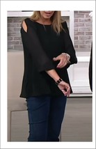 Susan Graver Pleated Woven Cold Shoulder Top Blouse Black SZ 2 NWOT - $22.24