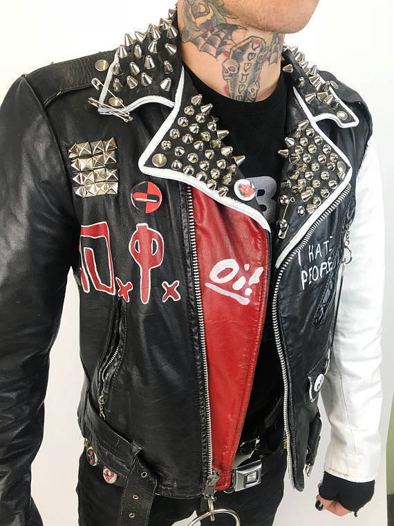 Punk Biker Belted Leather Jacket Spiked Studded Painted The Virus Discharge Logo