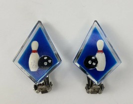 Vintage Blue Lucite Bowling Pin Embellished Ball Unique Clip On 1950s Earrings - £15.45 GBP