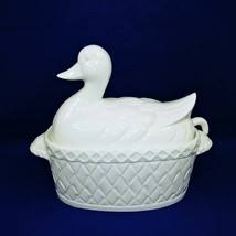 Soup Tureen White Ceramic Duck With Serving Ladle Basket Weave Bottom Vintage  - £66.22 GBP