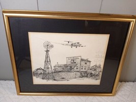 Vintage A.D. Carvalho Print Windmill 1991 Gold Framed/Matted Black 12&quot;x15&quot; Truck - £10.96 GBP