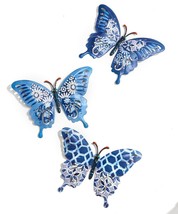 Blue Butterfly Wall Plaque Set of 3 Metal Patterned with Cut Outs 10.6&quot; Wide - £26.10 GBP