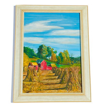 Original Painting Farm Scene Field of Wheat Stacks Near Red Farmhouse Framed Art - £156.58 GBP