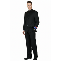 Men Apollo King Banded Collarless suit Mandarin 5 Button Wide leg M5-1 Black image 6