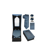 Designer Necktie + Cuff Link + Hanky Set - Classy BLUE STRIPES Wedding B... - $10.99