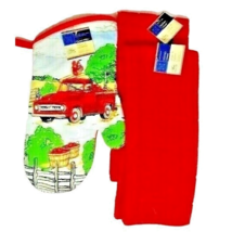 Country Harvest Farm Truck Red Kitchen Towels Oven Mitt Rooster Apple Ba... - $239.05 MXN