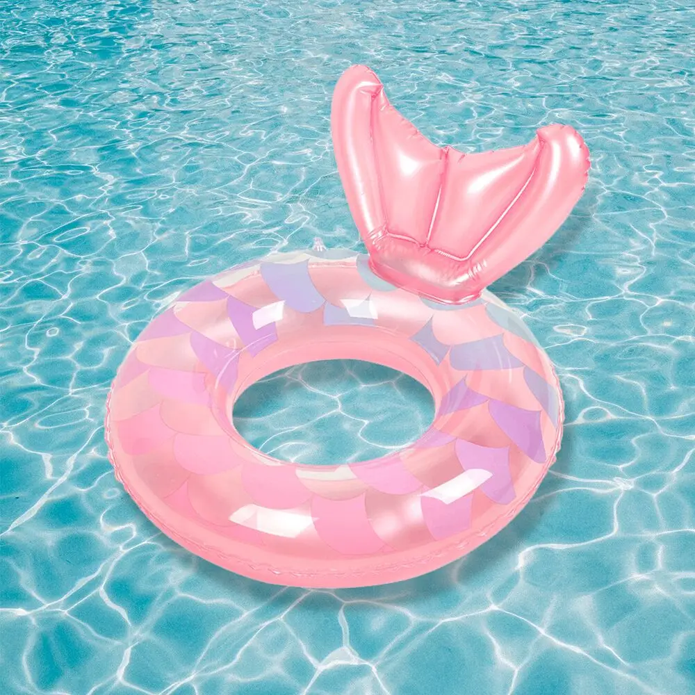 Pink Inflatable Pool Float for Kids Grils Swim Ring with Mermaid Tail Swimming - £35.31 GBP