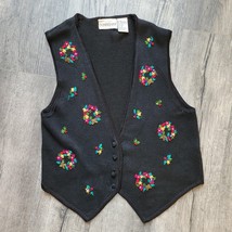 Vintage Don Kenny Black Knit Button Sweater Vest Holiday Floral Wreaths ... - $14.84