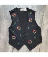 Vintage Don Kenny Black Knit Button Sweater Vest Holiday Floral Wreaths ... - €12,70 EUR