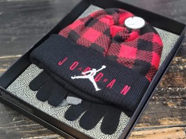 Jordan 2pc Gift Box Set Black/Flannel Red Knit Beanie/Gloves Youth Big K... - £33.01 GBP