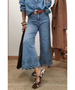 Dusk Blue Embroidered Cropped Wide Leg High Waist Jeans - $765.39 MXN