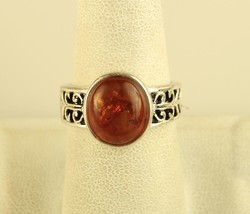 Vintage Sterling Silver 925 Amber Gemstone Filigree Accent Ring - £39.47 GBP