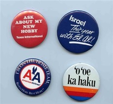 4 Airline Pinback Buttons Texas International United American and El Al  - £22.15 GBP