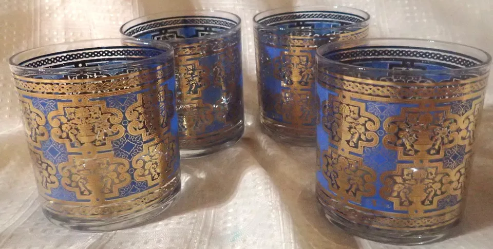 (4) Mid-Century CERA 22K Gold Scroll Cobalt Rock Glasses - £15.06 GBP