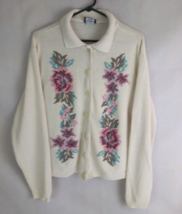 Vintage Southern Lady Cream Button-Up Embroidered Floral Cardigan Sweater Large - £11.38 GBP