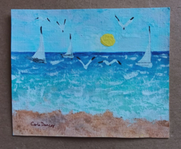 Original Seascape Sailboats Seagulls Ocean Impressionism Signed 4 x 5 Painting - £3.49 GBP