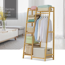Trapezoid 32&quot;Natural Bamboo [Clothes Rail+Staircase Shelves] Coat Rack O... - £71.71 GBP