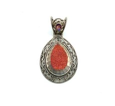 Vintage Sterling Silver Sajen 925 Orange Pink Druzy and mystic topaz Pendant - £57.44 GBP