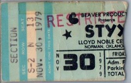 Styx Concert Ticket Stub Novembre 30 1979 Norman Oklahoma - $44.54