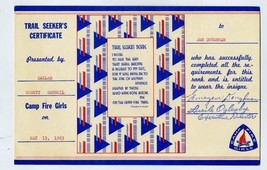 Camp Fire Girls Trail Seeker Certificate 1963 Dallas County Council  - £11.87 GBP