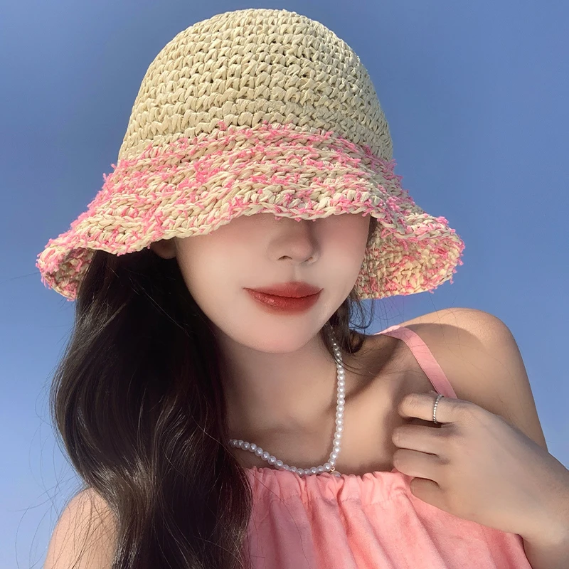 French Romantic Pink Mixed Straw Caps for Women Summer Seaside Vacation New Big - £17.17 GBP