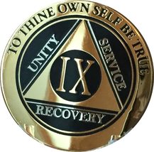 9 Year AA Medallion Glossy Elegant Black Gold and Silver Plated Sobriety... - £11.66 GBP