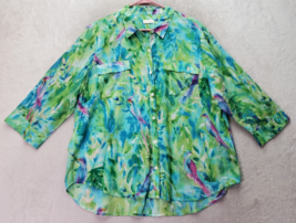 Chico&#39;s Shirt Women&#39;s Green Blue Floral Sheer Long Sleeve Collared Button Down - £18.09 GBP