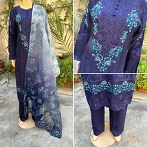 Pakistani Navy Blu Straight Style Embroidered  3pcs Viscose Dress,Large - £66.21 GBP