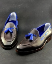 Handmade Black Leather Moccasin Tassels Loafer Shoe - £127.40 GBP