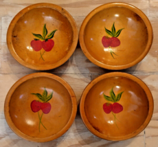 Vintage Munising Wooden Salad Bowl Brown Strawberry Design Lot Of 4 Roun... - $49.87