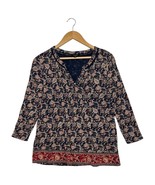 Lucky Brand Top Womens Medium Blue Floral Boho V Neck Pintuck 3/4 Sleeve... - $30.57 CAD