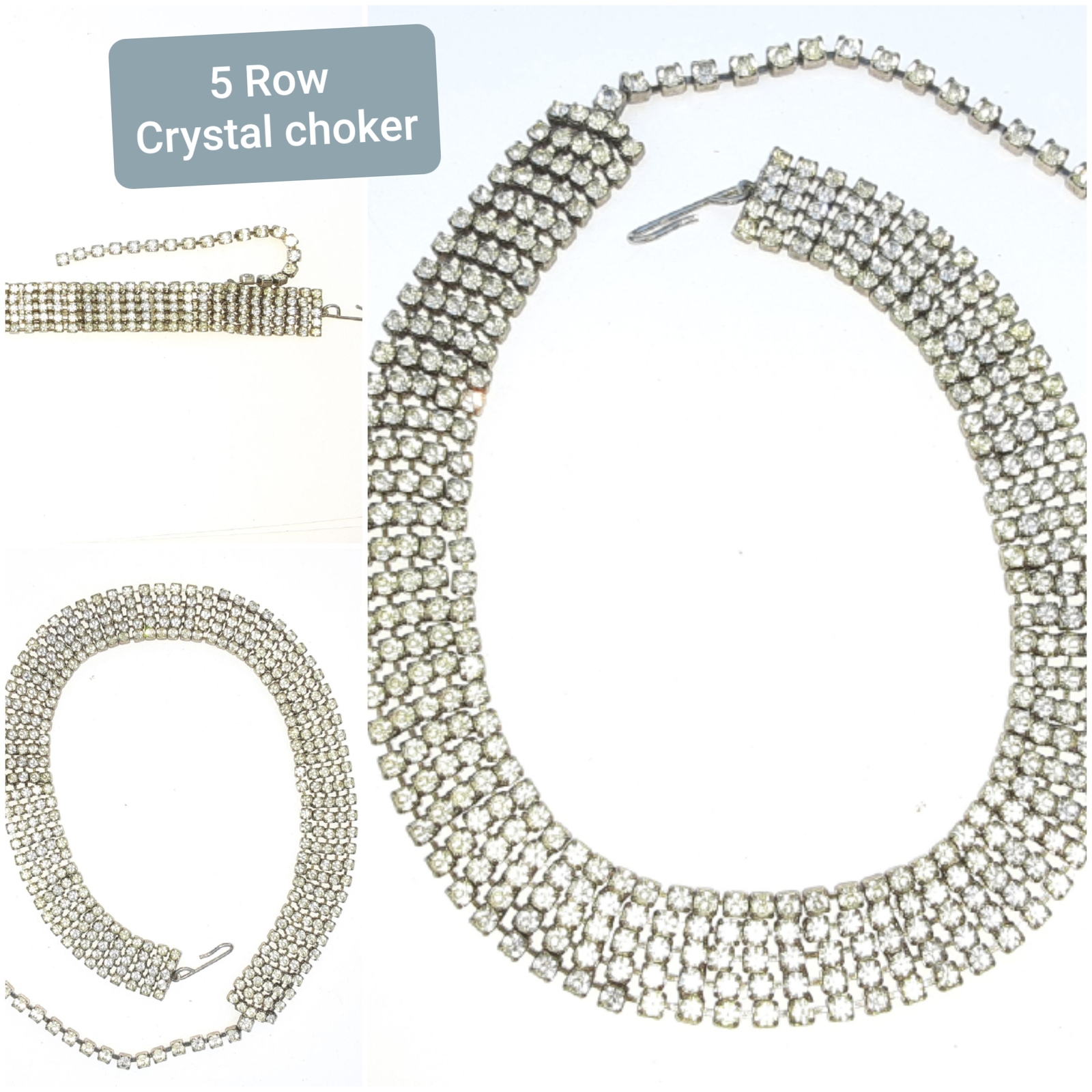 Clear Crystal 5 Row vintage choker necklace Small Rhinestone 15 inch - £11.07 GBP