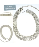 Clear Crystal 5 Row vintage choker necklace Small Rhinestone 15 inch - £10.51 GBP