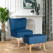 Accent Chair and Ottoman Thick Padded Velvet Tufted Sofa Set Wooden Legs Blue - £144.98 GBP