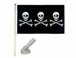 5&#39; Wooden Flag Pole Kit W/Nylon White Bracket 3x5 Pirate 3 Skulls Poly Flag - £28.32 GBP