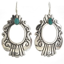 Navajo Rose Tommy Singer Classic Turquoise Dangle Earrings Sterling Overlay Hoop - £102.71 GBP