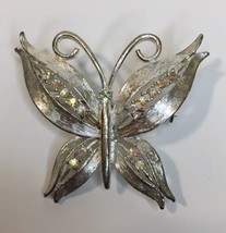 Vintage Butterfly Brooch Signed JJ Silver Tone with AB Rhinestones Green Eyes - $21.00