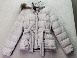 Hollister Puffer Jacket Women Medium Light Gray Down Belted Hooded Snap Full Zip - £21.68 GBP