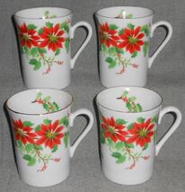 Set (4) Otagiri POINSETTIA HOLLY &amp; BERRY PATTERN Handled Mugs JAPAN Chri... - $23.75