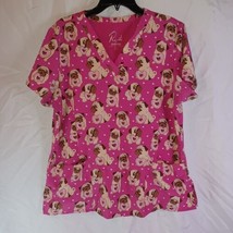 Prints by Maevn Scrub Top Women&#39;s Size Large Pink Dogs Doughnuts Hearts - $16.82