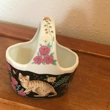 Vintage Made in Japan Small Black w Pink Flowers &amp; Brown Tabby Kitty Cat Porcela - £8.92 GBP