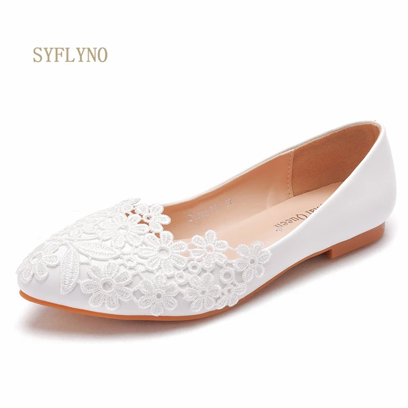 Flat Heel Casual Shoes Ballet Flats White  Wedding Shoes Pointed Toe Women Weddi - £131.31 GBP