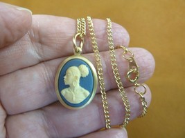 CA30-115 RARE African American LADY blue + ivory CAMEO brass Pendant necklace - £19.85 GBP