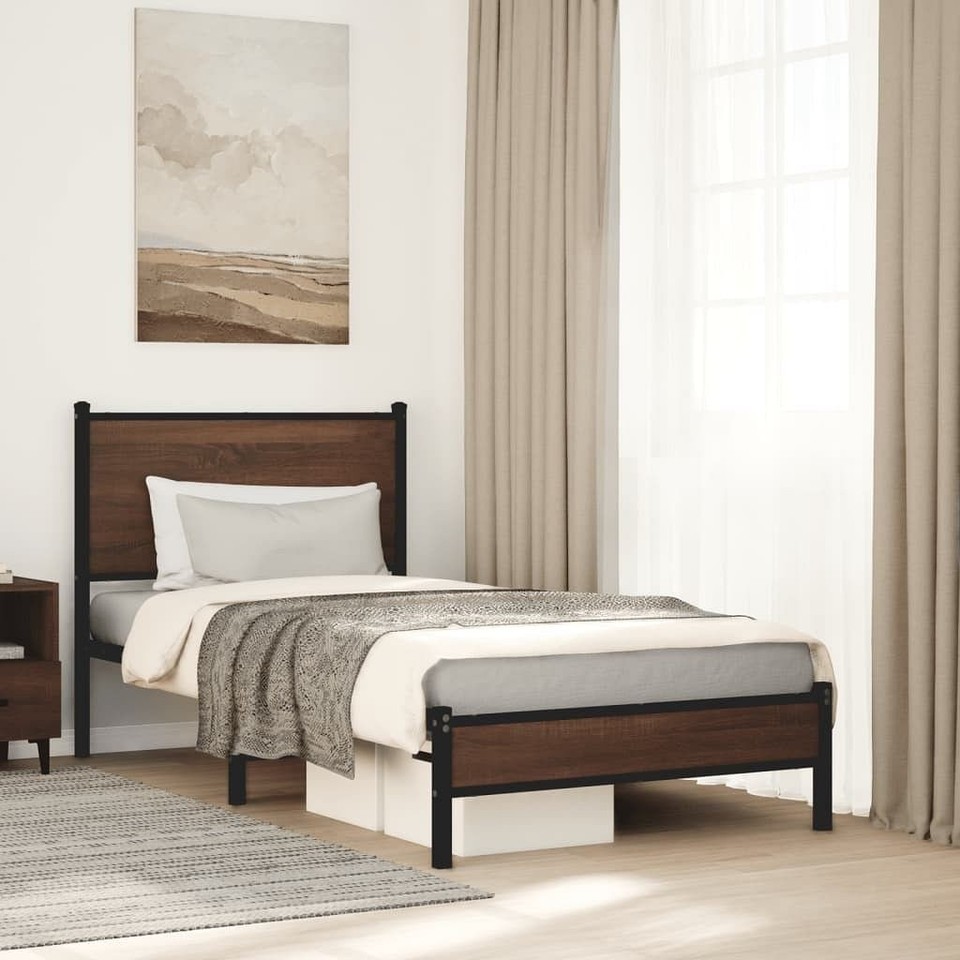 vidaXL Bed Frame Brown Oak Steel and Engineered Wood Small Single - $182.12