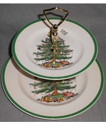 Spode CHRISTMAS TREE PATTERN Green Trim TWO TIER TIDDBIT TRAY w/Box - $54.12 CAD