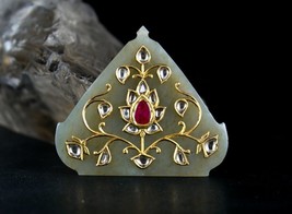 Antique Persian Nephrite Jade Flat Diamond Natural Ruby 22K Yellow Gold Pendant - £2,050.34 GBP