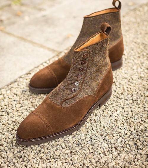Brown Suede Men's Ankle High Button Boots Tweed Premium Leather Handmade Cap Toe