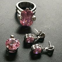 Estate Parure Silvertone w Light Pink Round Pendant Ring &amp; Post Dangle Earrings - £23.74 GBP